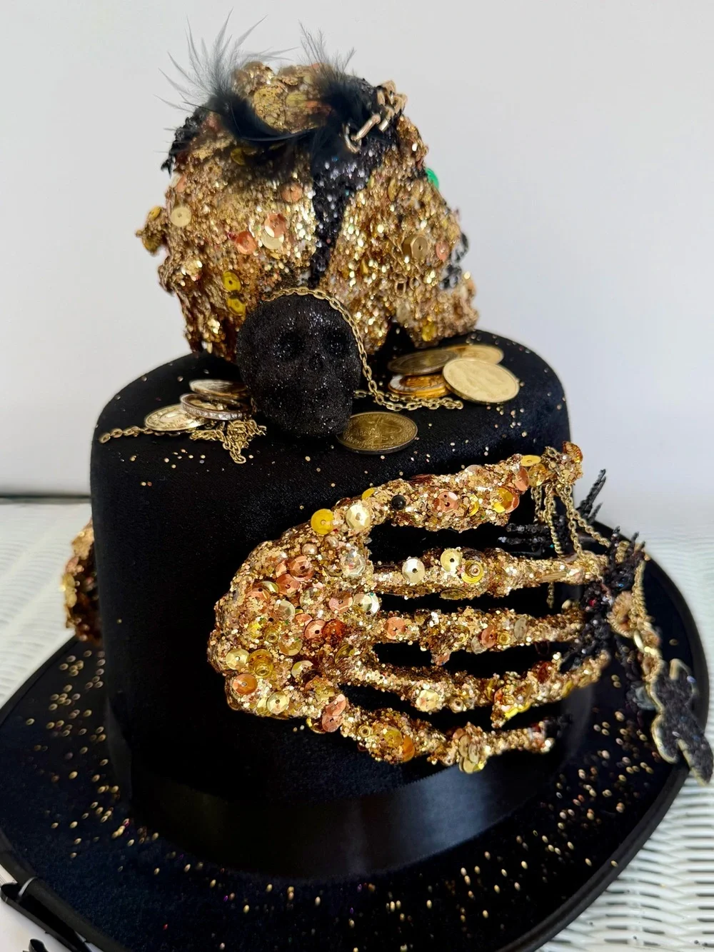 Pirates Bounty Black Gold Decorative Party Top Hat Embellished Skull& hands OS